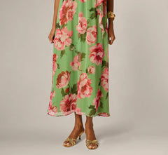 Draped Floral Chiffon Halter Trapeze Gown In Lime Multi