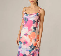 Cowl Neck 3D Floral Sateen Gown In Pink Orange Multi