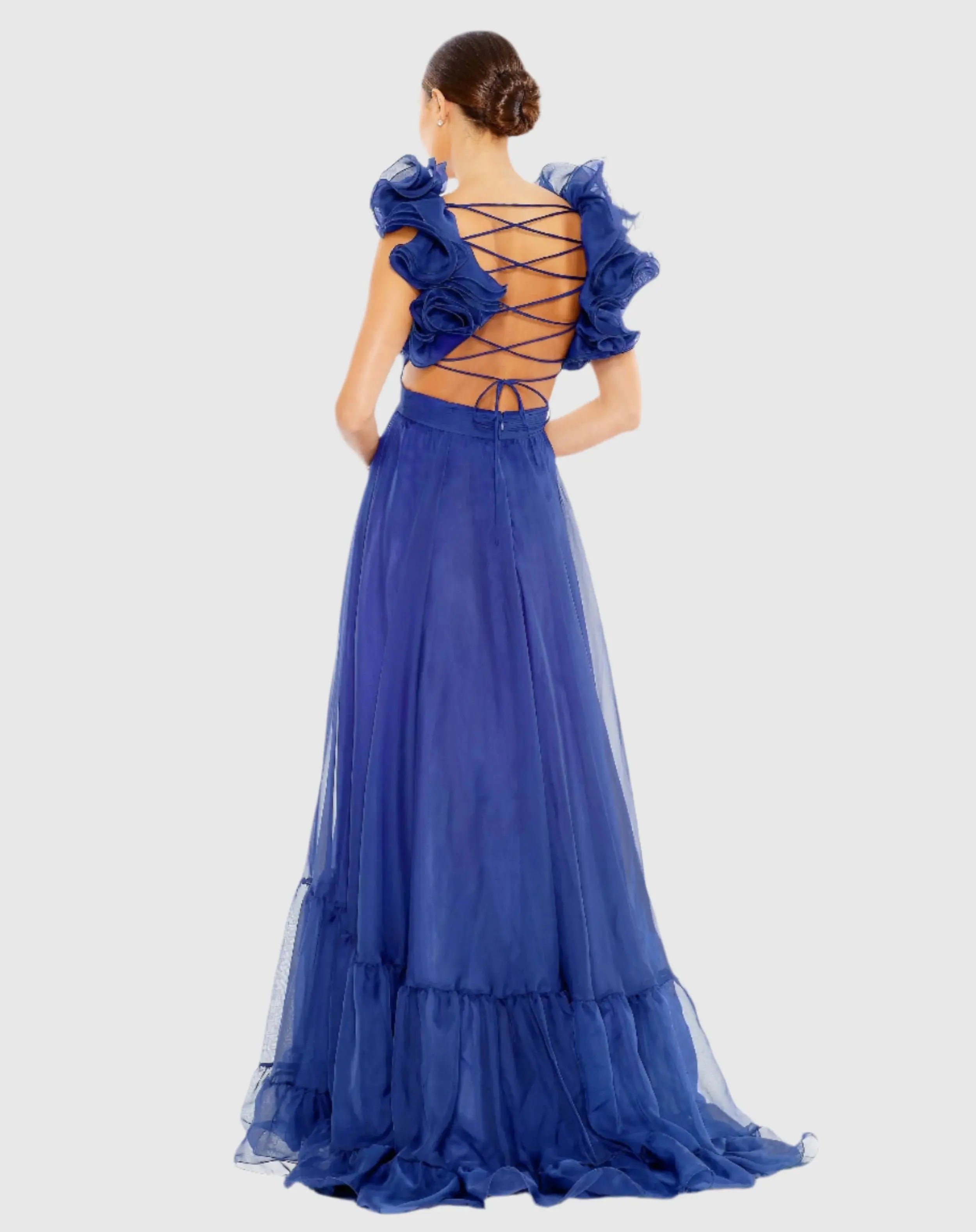 Blue Ruffle Tiered Cut-Out Chiffon Gown - FINAL SALE