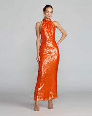 Orange Sequin Halter Neck Open Back Dress