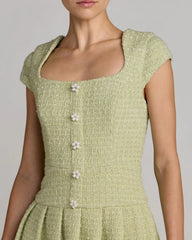 Green Tweed Cap Sleeve Pleated Mini Dress
