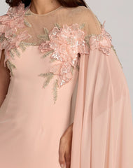 Pink Embellished Crepe Gown With Chiffon Cape