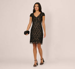 Cap Sleeve Soutache Lace Beaded Midi Dress In Black Nude