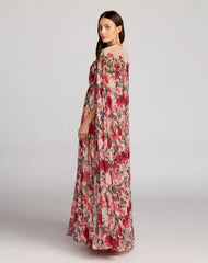 Multicolor Floral Printed Chiffon High Neck Cape Gown