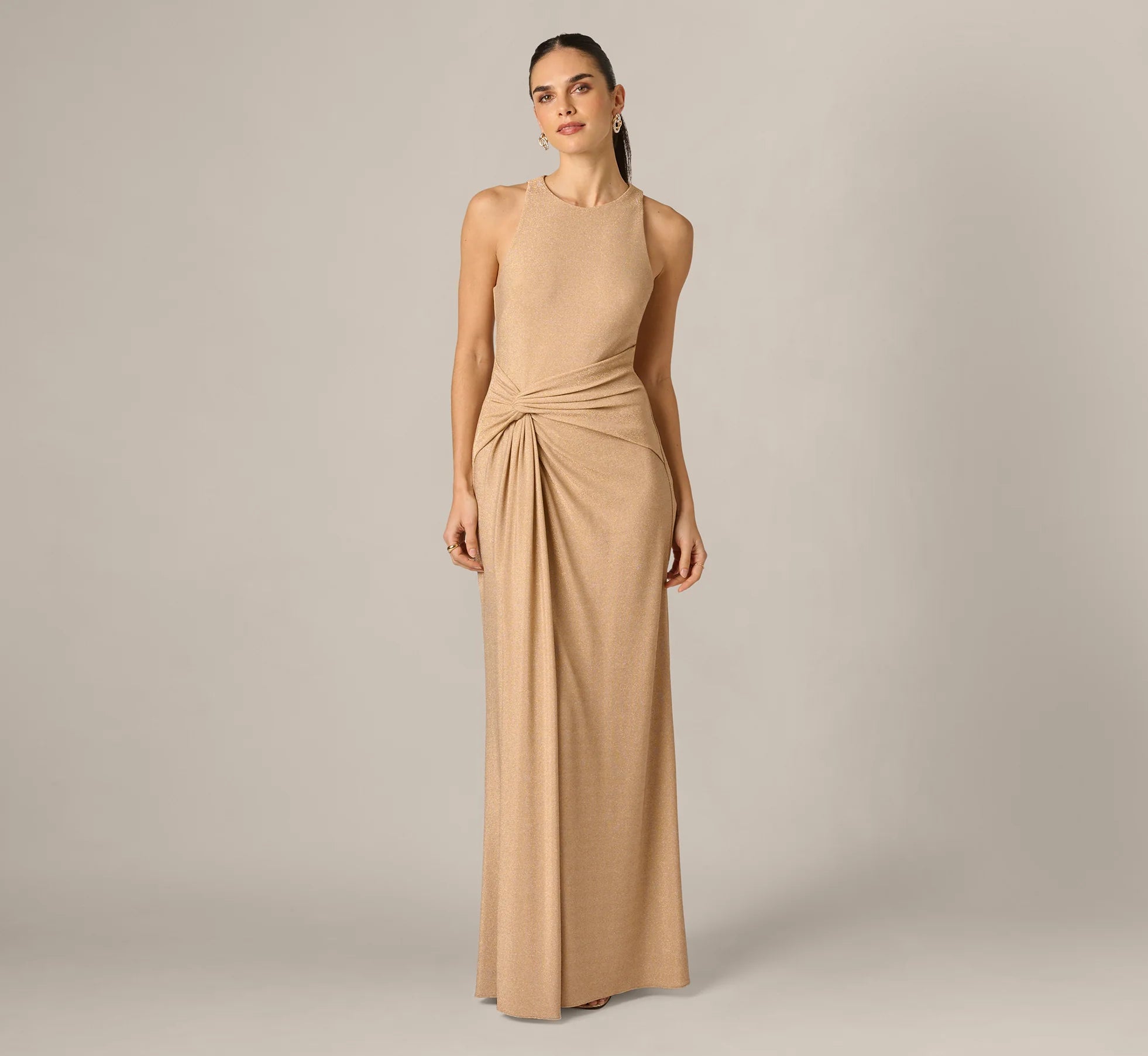 Metallic Stretch Knit Draped Gown In Light Gold
