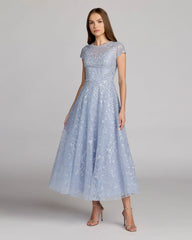 Blue Embellished High Neck Cap Sleeve A Line Dress
