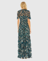 Blue Flutter Sleeve Floral Ruffle Detail Maxi Dress