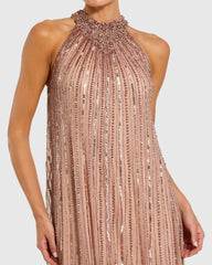 Pink Sleeveless Halter Neck Embellished Trapeze Gown