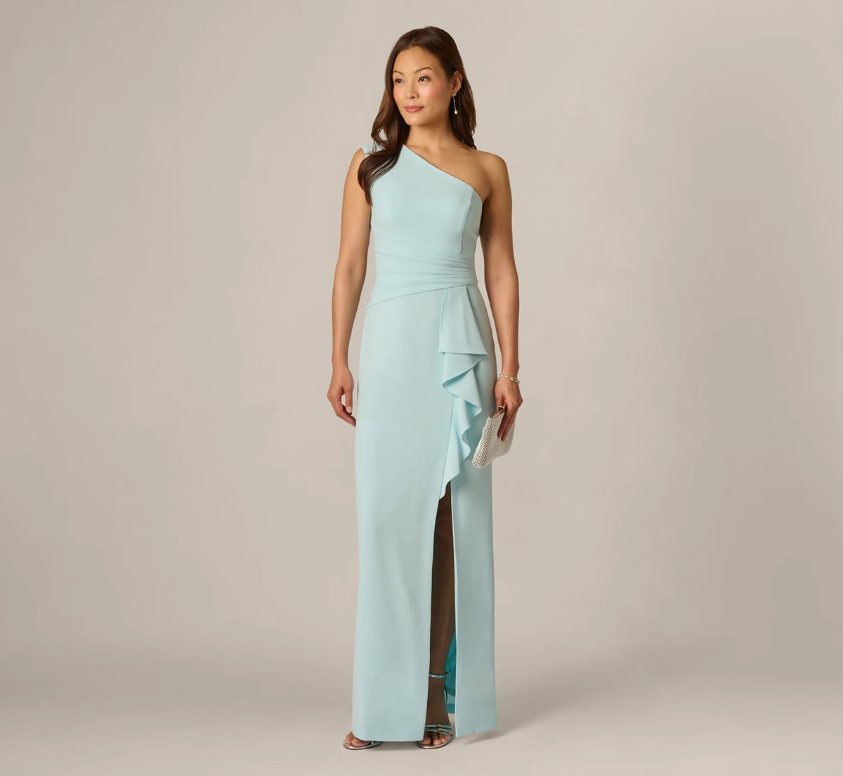 One Shoulder Draped Ruffle Stretch Gown In Clear Sky