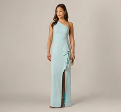 One Shoulder Draped Ruffle Stretch Gown In Clear Sky