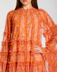 Orange Floral Ruffle Long Sleeve Mini Dress