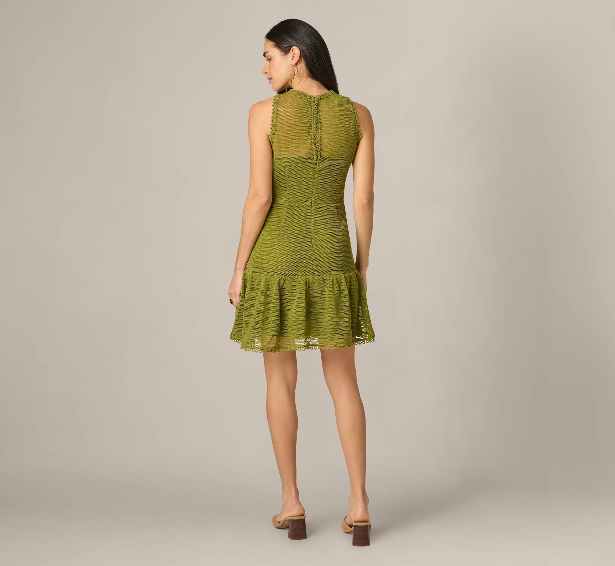 Cotton Mesh Floral Short Dress In Dark Moss