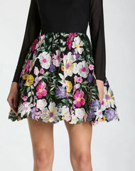 Black Long Sleeve Mini Dress With Floral Embroidery