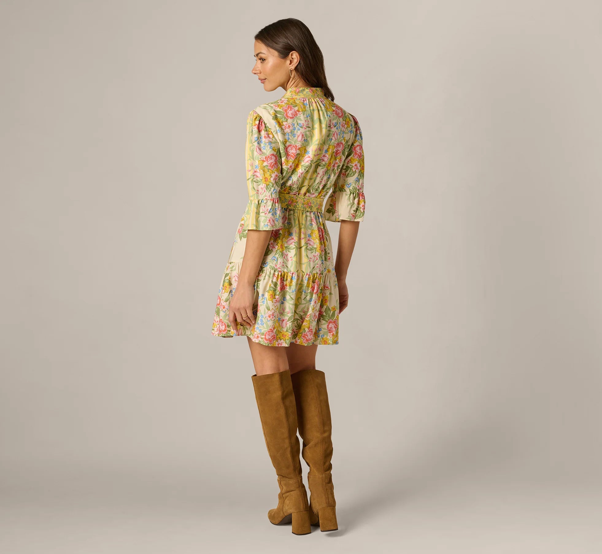 Bell Sleeve Vintage Floral Print Short Dress In Pale Yellow