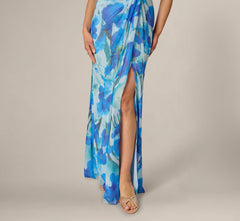 One Shoulder Floral Chiffon Draped Gown In Blue Multi