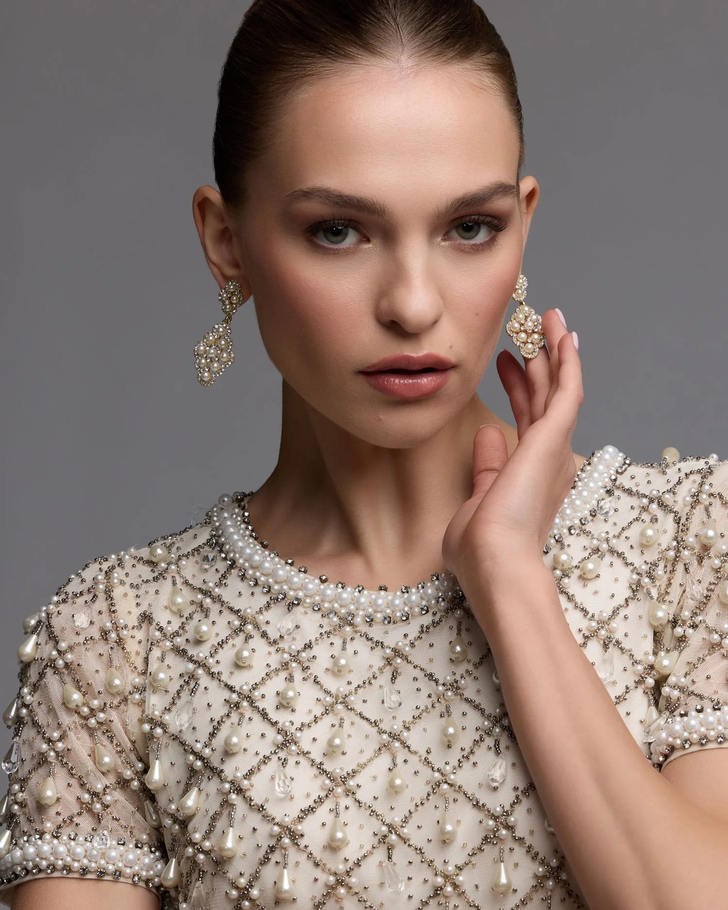 Ivory Pearl Embellished Short Sleeve Mini Dress