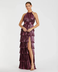 Purple Metallic Halter Neck Tiered Ruffle Gown - FINAL SALE