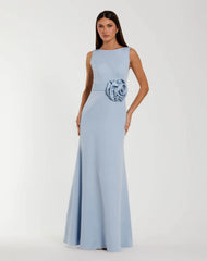 Boat Neck Crepe A Line Gown With Flower