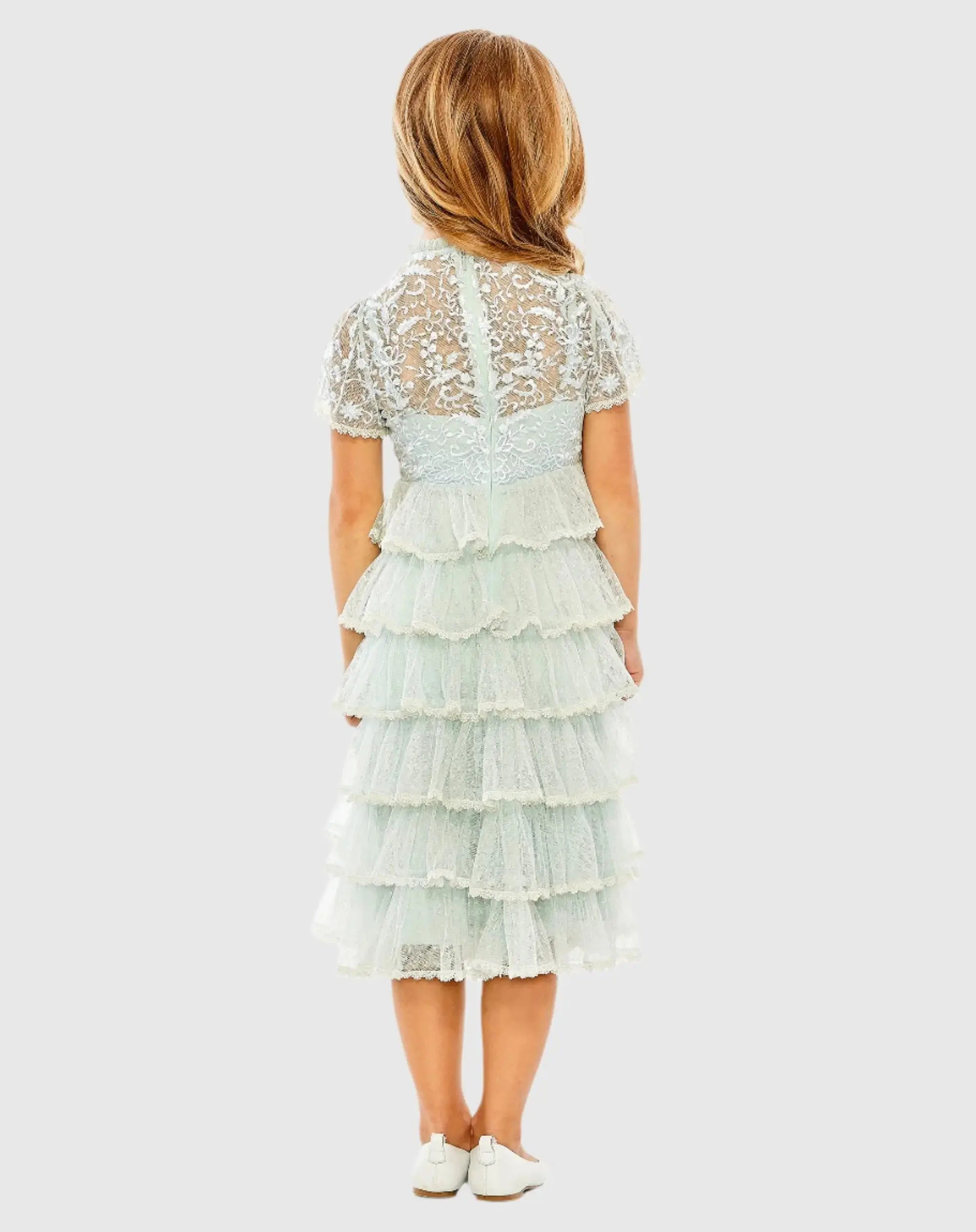 Blue Girls High Neck Embroidered Short Sleeve Dress
