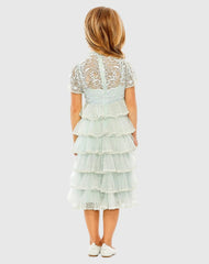 Blue Girls High Neck Embroidered Short Sleeve Dress