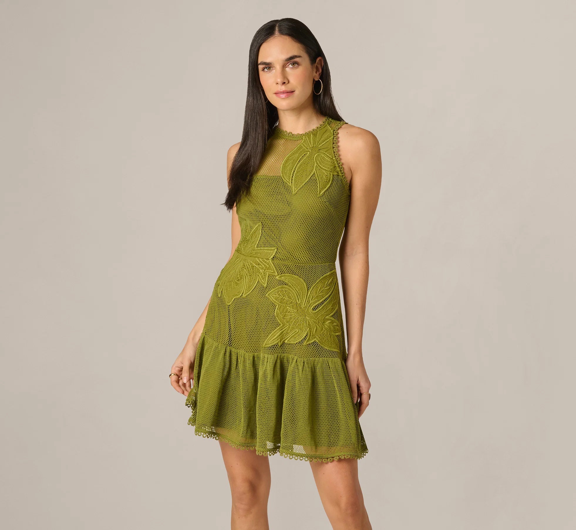 Cotton Mesh Floral Short Dress In Dark Moss