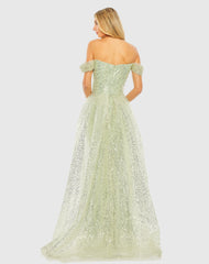Green Off the Shoulder Sequin Panel Train Gown - FINAL SALE