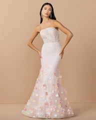 Pink Strapless Embellished Mermaid Gown With 3D Floral Hem