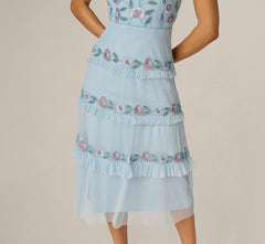 Sleeveless Floral Beaded Embroidery Ruffle Midi Dress In Elegant Sky Multi