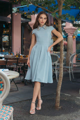 Blue Crepe Short Sleeve Midi Dress With Beading