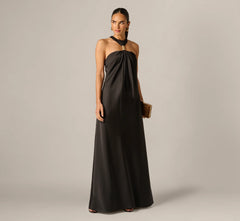 Stretch Satin Hardware Halter Collar Gown In Black