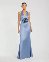 Blue Halter Neck Open Back Satin Gown With 3D Rosette