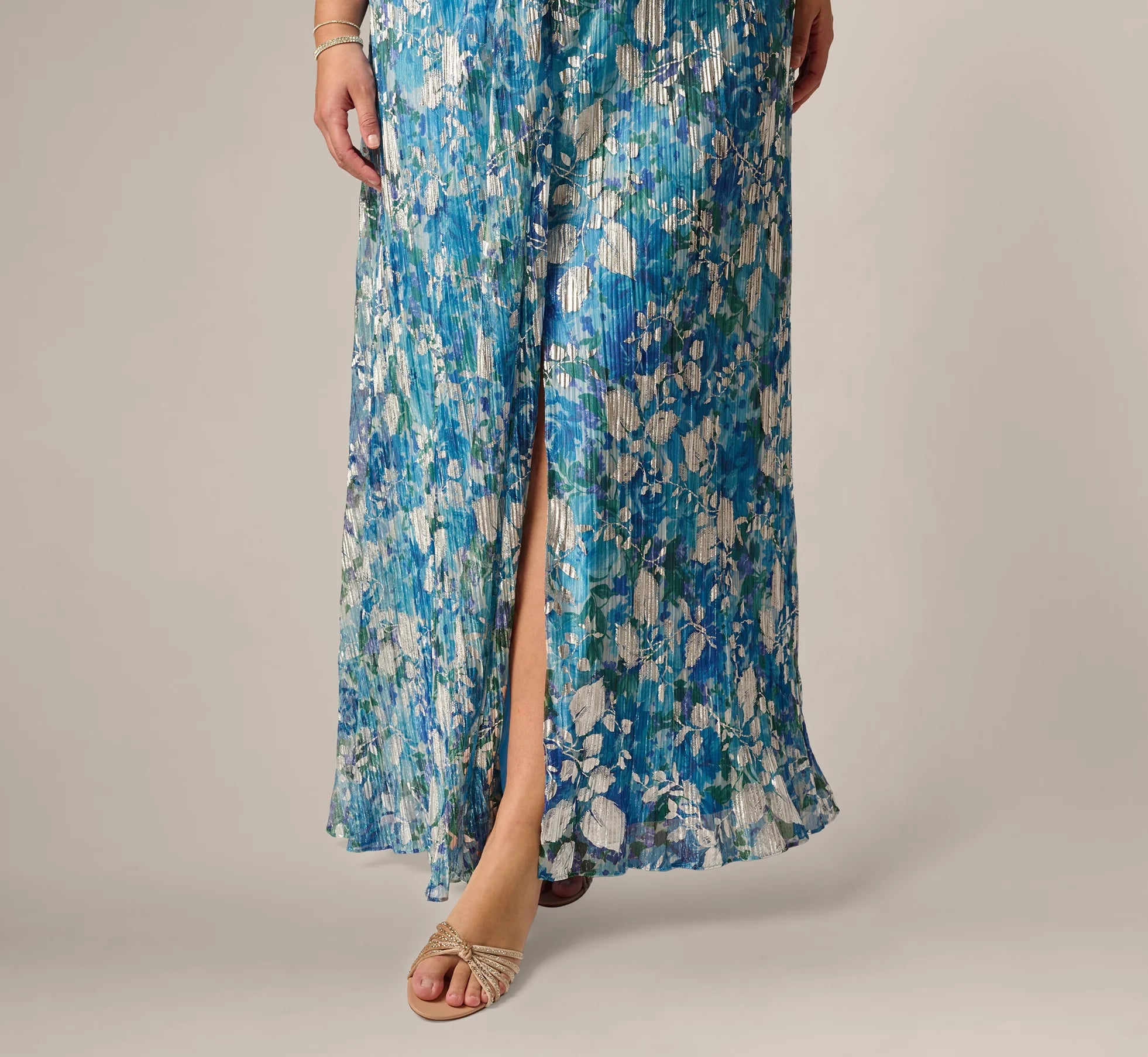Plus Size Flutter Sleeve Crinkle Foil Floral Gown In Blue Multi