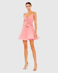 Pink Faux Wrap Bow Detail Flowy Mini Dress