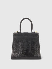 Black Buckled Medium Croco Leather Handbag with Detachable Strap