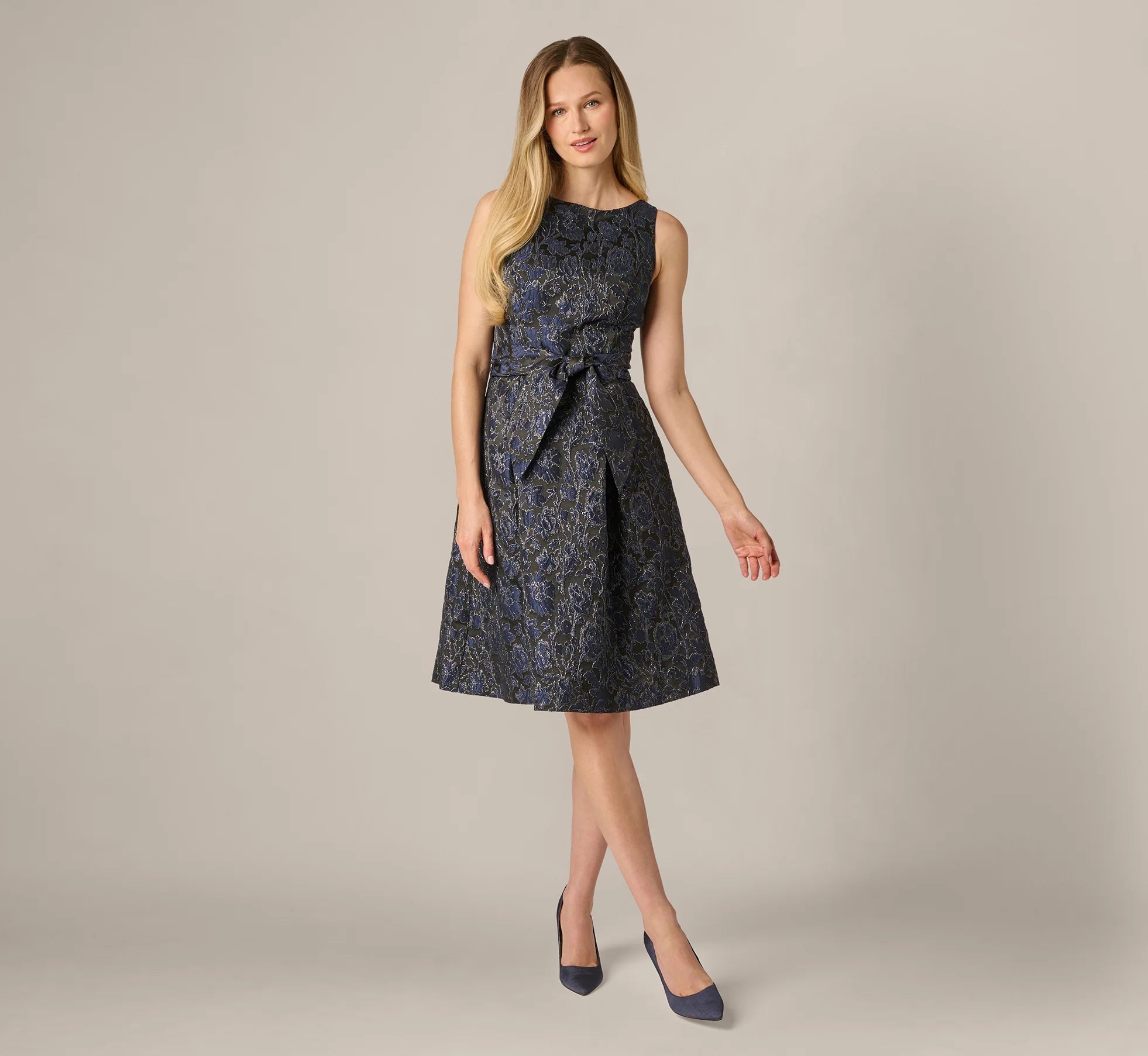 Jacquard Tie Front Fit And Flare Midi Dress In Black Navy