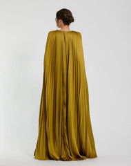 Petite Green Pleated Charmeuse V Neck Gown With Cape