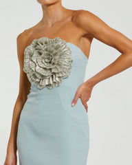 Blue Strapless Crepe Trumpet Gown with 3D Rhinestone Flower