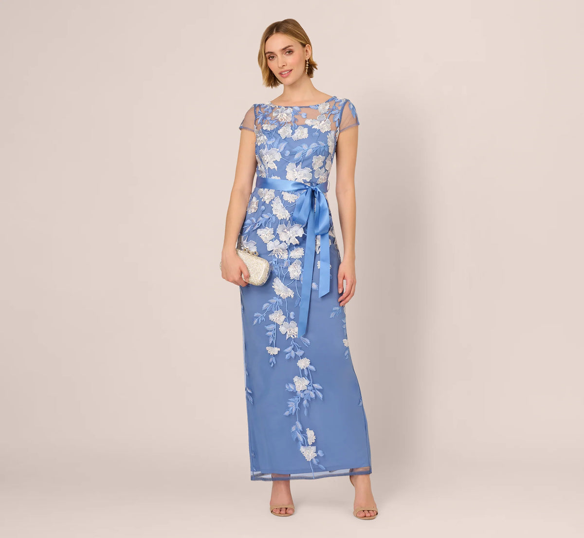 Short Sleeve Floral Embroidered Gown With Ribbon Tie Waist In French Blue Multi