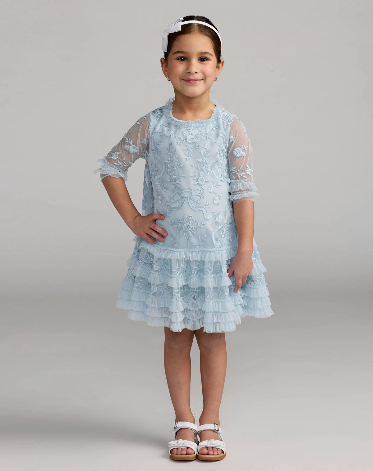 Girls Micro Ruffle Embroidered Mini Dress