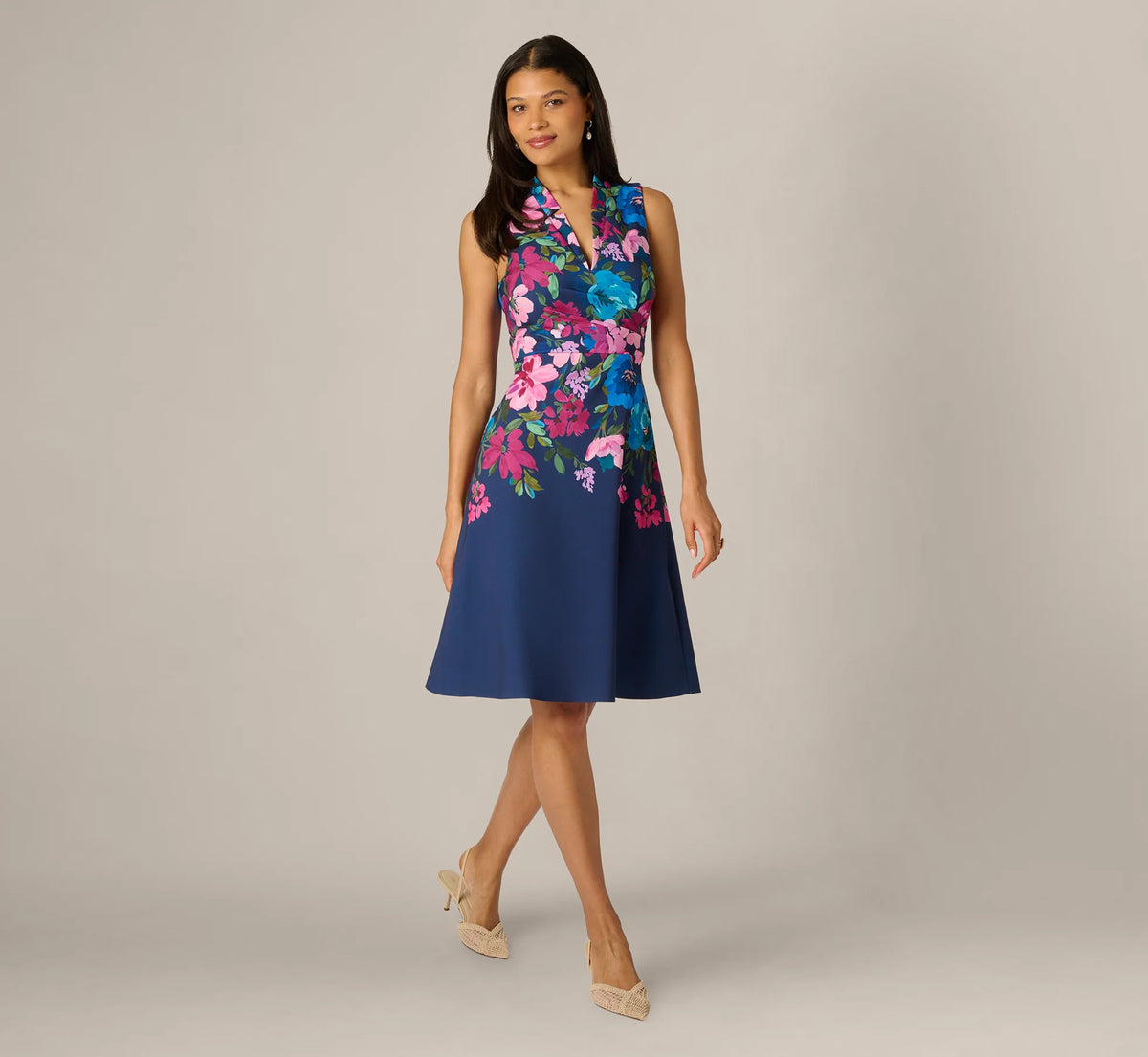 Collared Floral Border Twill Midi Dress In Navy Multi