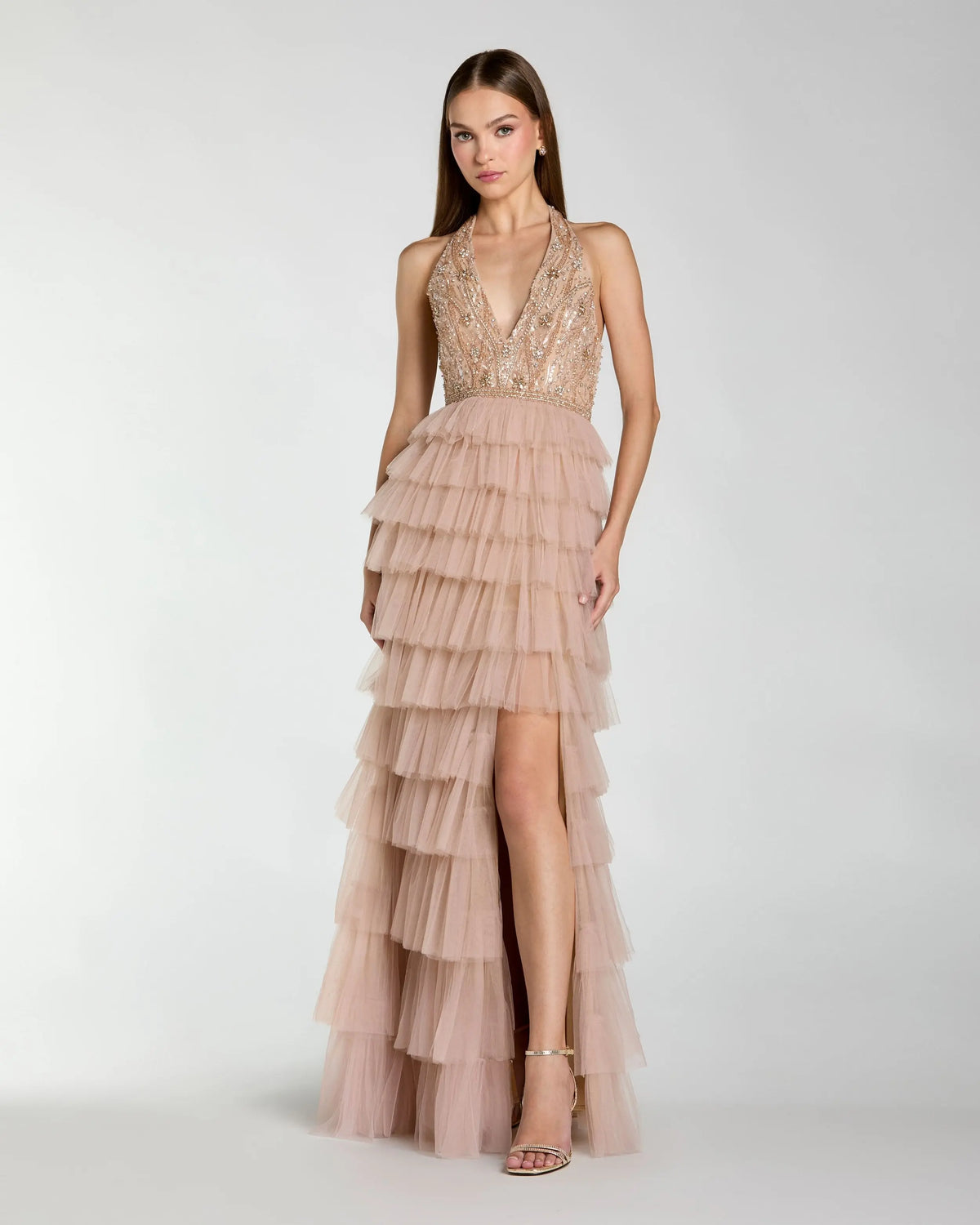 Beige Embellished Halter Neck Tiered Ruffle Gown