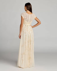 Yellow Floral Embellished Cap Sleeve Gown