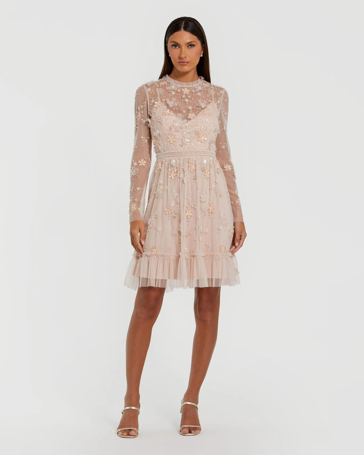Light Pink Sheer Long Sleeve Embellished Mini Dress