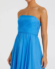 Blue Strapless Chiffon Gown With Braided Belt