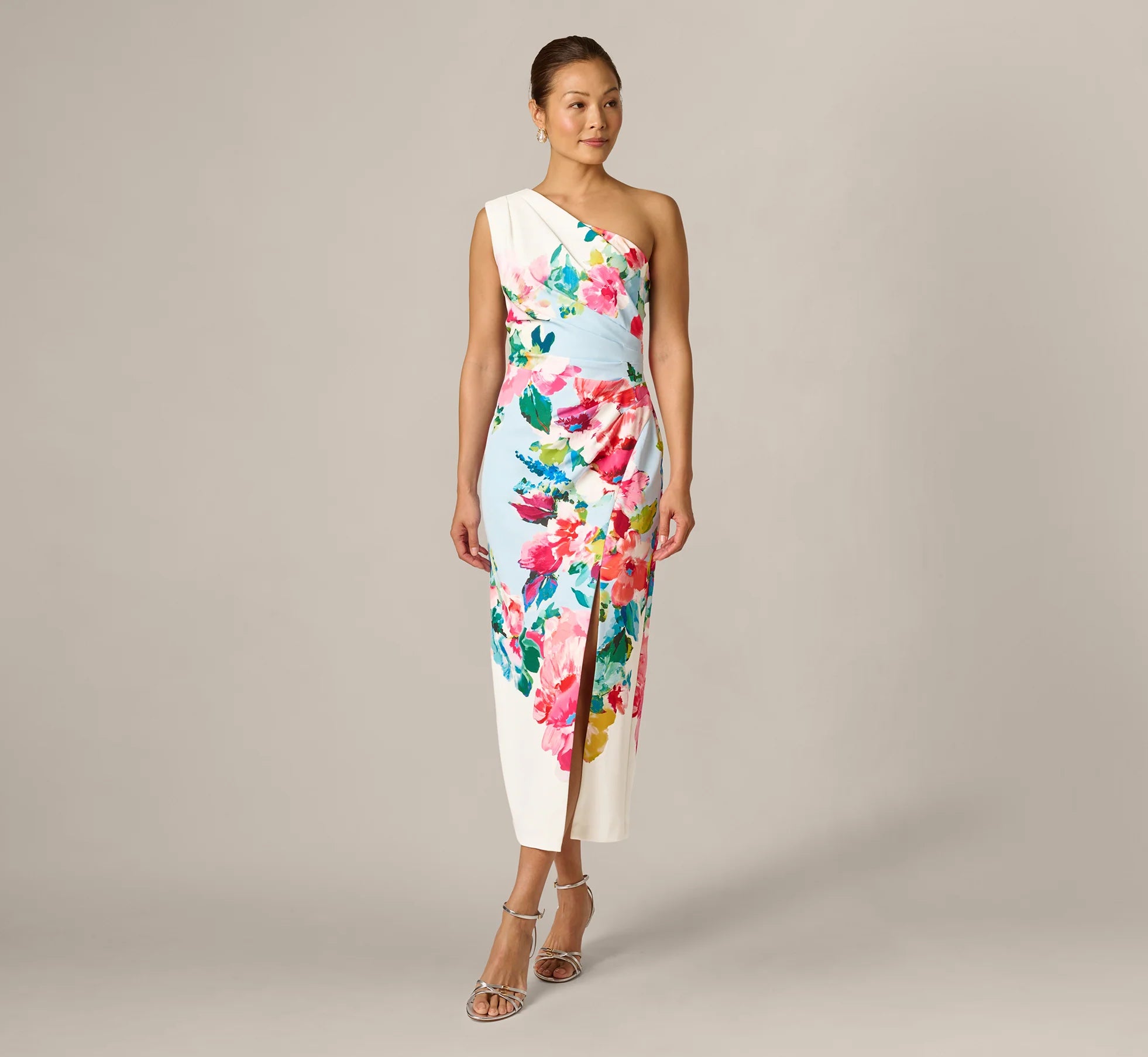 One Shoulder Floral Twill Midi Dress In Blue Multi