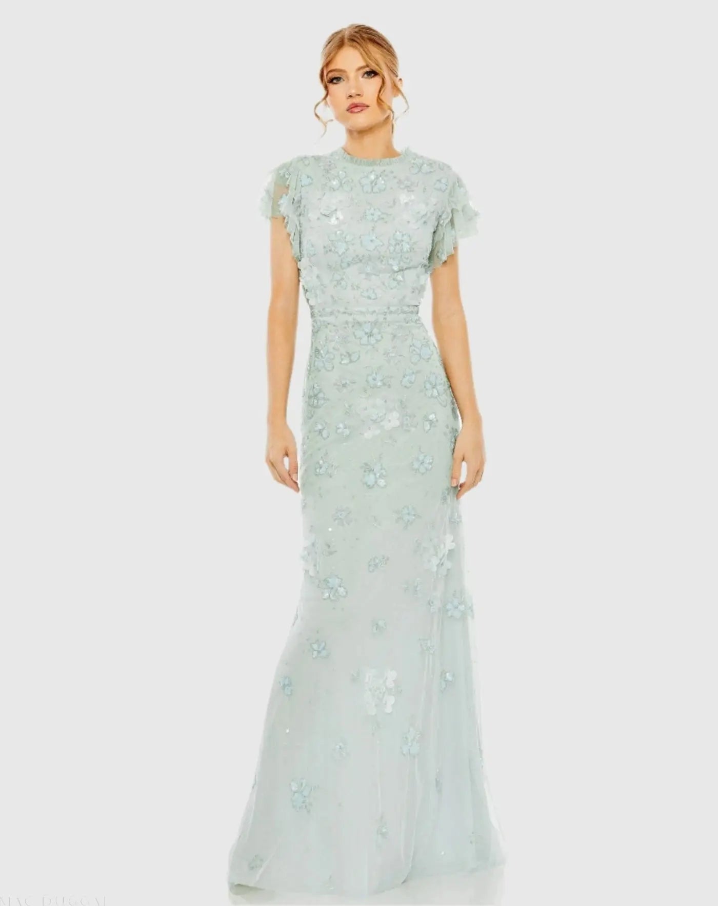 Floral Embellished High Neck Flutter Sleeve Gown