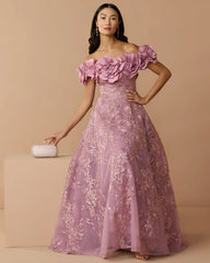 Purple Off The Shoulder 3D Floral Embroidered A-Line Gown