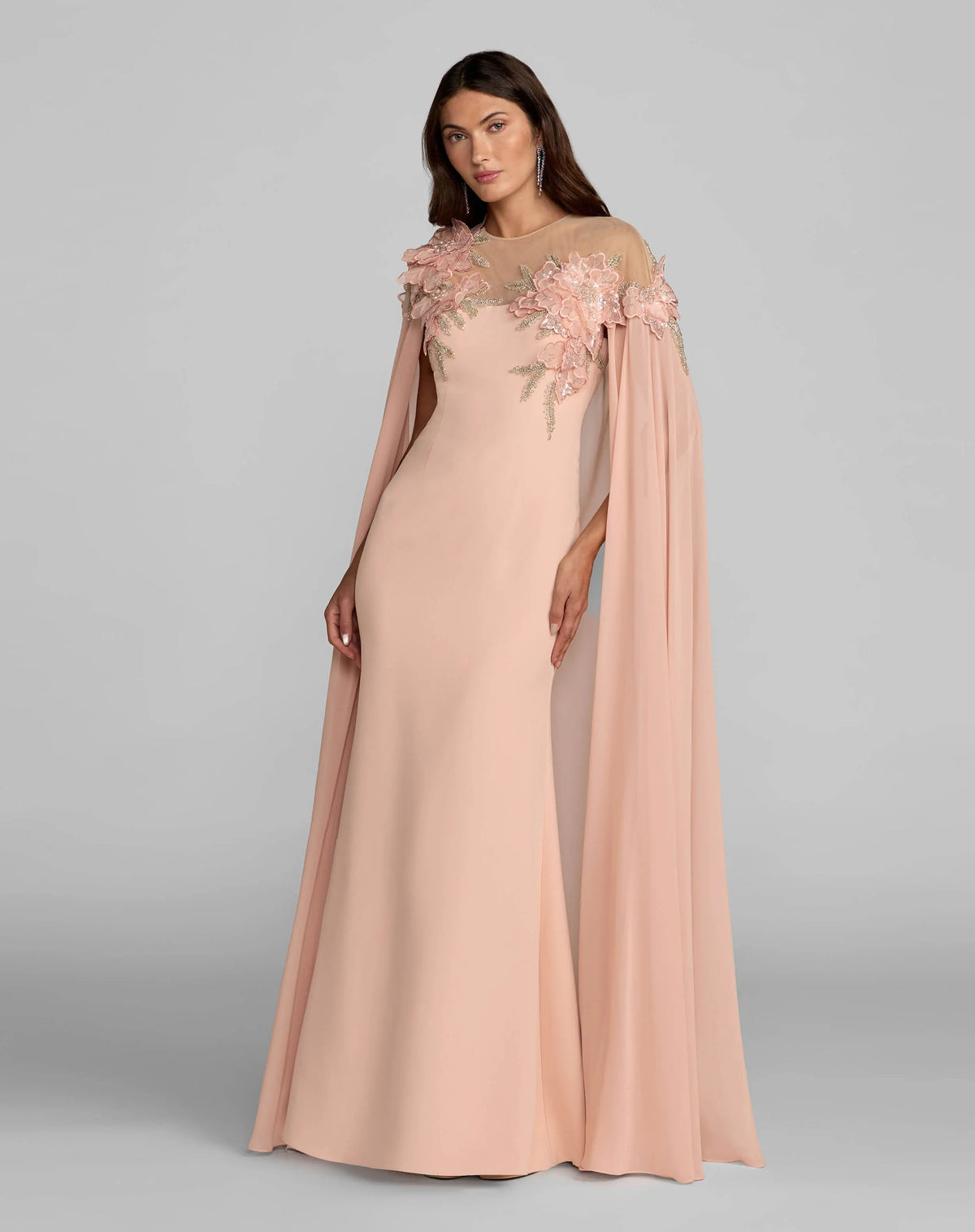 Pink Embellished Crepe Gown With Chiffon Cape