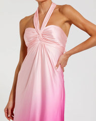 Pink Charmeuse Tie Halter Neck Ombre Gown