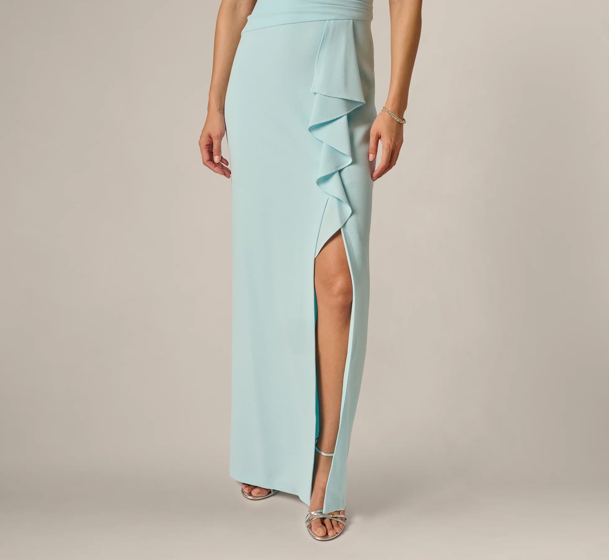 One Shoulder Draped Ruffle Stretch Gown In Clear Sky